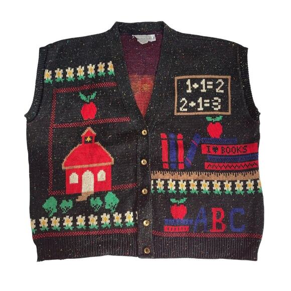Vintage Sweater Loft Fall Teacher's Sweater Vest Size XL Gray I Love Books Apple - Picture 1 of 7